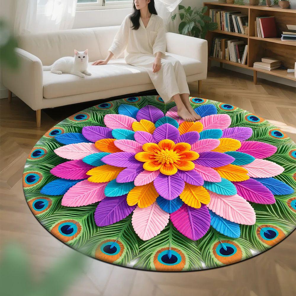 Wohnzimmer 3D Bodenmatte Blumenteppich Rund Home Pfingstrose Blütenblatt geformt Wohnzimmer Nachttischmatte 40*40cm