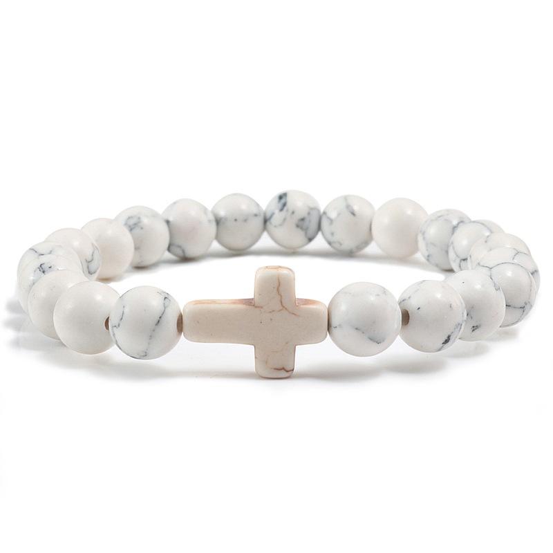 8mm Perlen Kreuz Armbänder für Damen Herren Naturstein Elastisches Stretch Gebetsarmband für Damen Freundschaft Kreuz Geschenke weiß