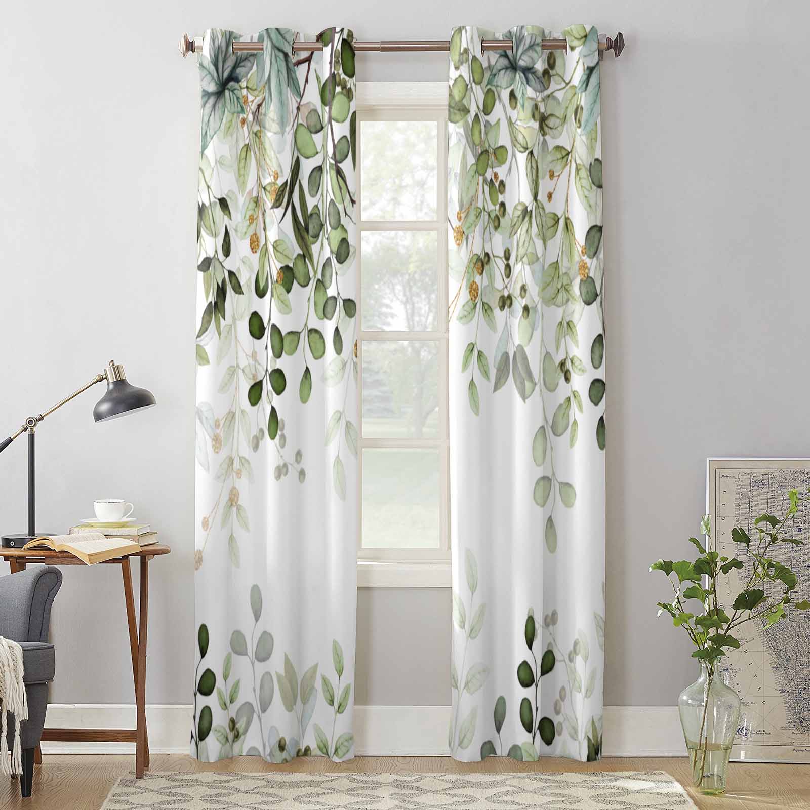 Abstrakte Salbeigrüne Blätter Zweige Fenstervorhänge für Wohnzimmer Schlafzimmer Vorhang Moderne Küche Jalousien Vorhänge Vorhänge 70W x 100H(cm) x2