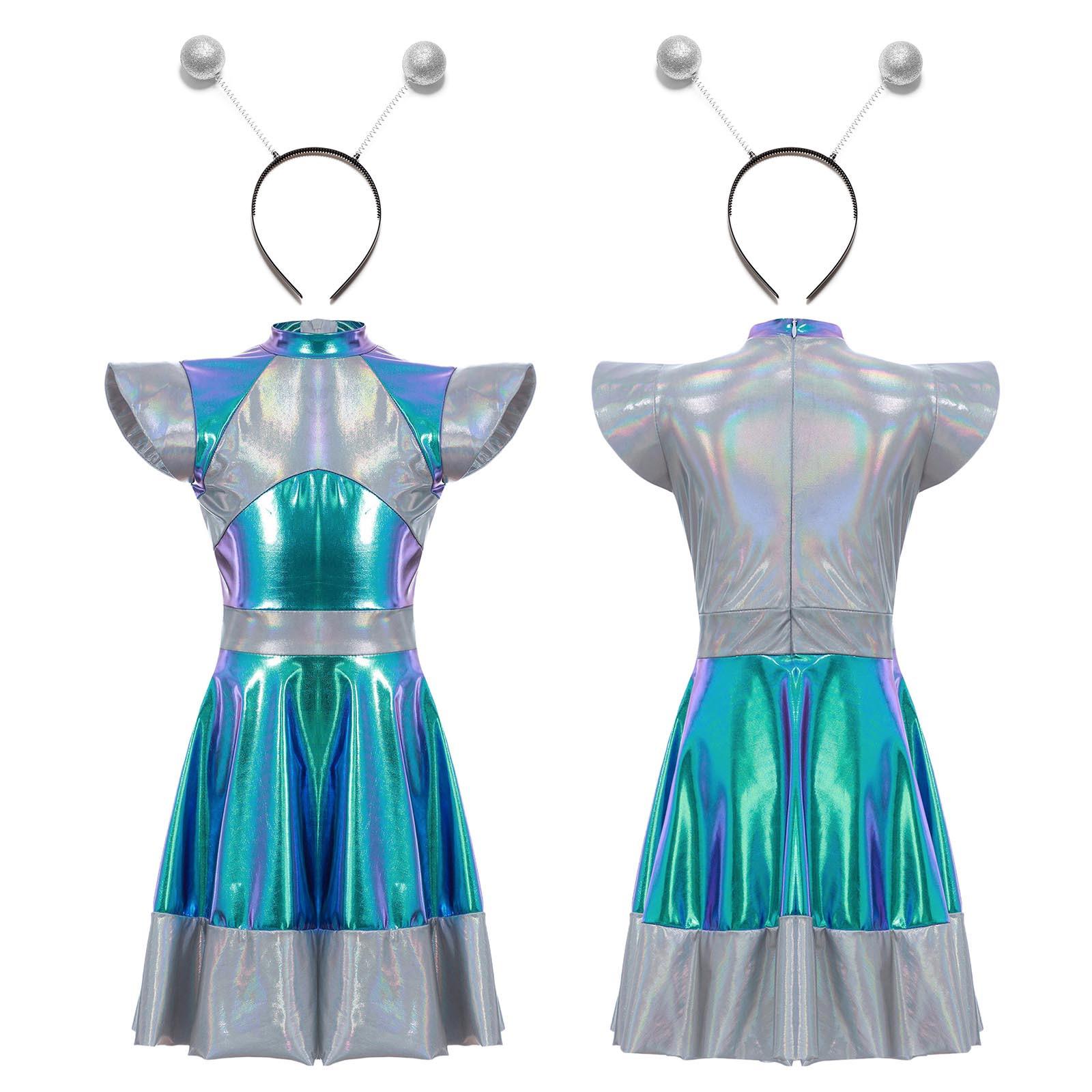 Kinder Mädchen Halloween Alien Cosplay Kostüm Weltraum Cutie Kostüm Kleid mit Lustigem Alien Haarreifen Accessoire 9-10 Years silber