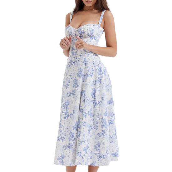 Elegantes Damen-Kleid mit Hosenträgern, Schnürung, schmales, ärmelloses Bandeau-Kleid mit Blumendruck, Korsett-Design, Midi-Kleid mit seitlichem Schlitz am Saum 2XL blau/weiß