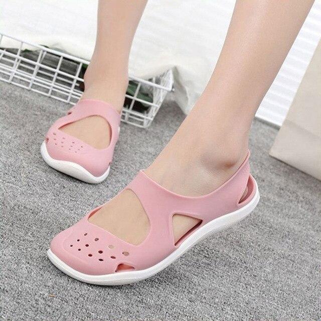 Sommer Frauen Sandalen Weiche Flache Slip Auf Weibliche Casual Gelee Schuhe Mädchen Sandalen Aushöhlen Mesh Wohnungen Strand Schuhe 39 rosa