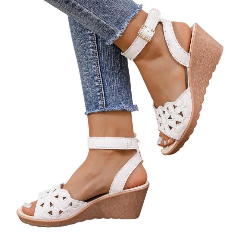 Schuhe für Damen Knöchelwickel-Sandalen für Damen Übergröße Freizeitsandalen Damen Keilabsatz Schnallenriemen Hohl Offene Zehenschuhe Damen 43 weiß