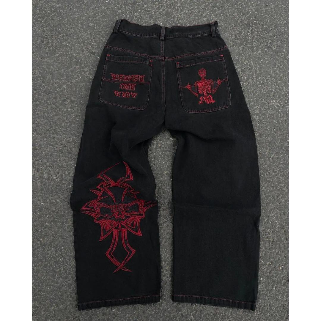 Y2K Jeans Herren Hip Hop Retro Schädel Stickerei Gewaschen Baggy Denim Hosen Neue Gerade Casual Lose Breite Bein Hosen Streetwear XXXL rot