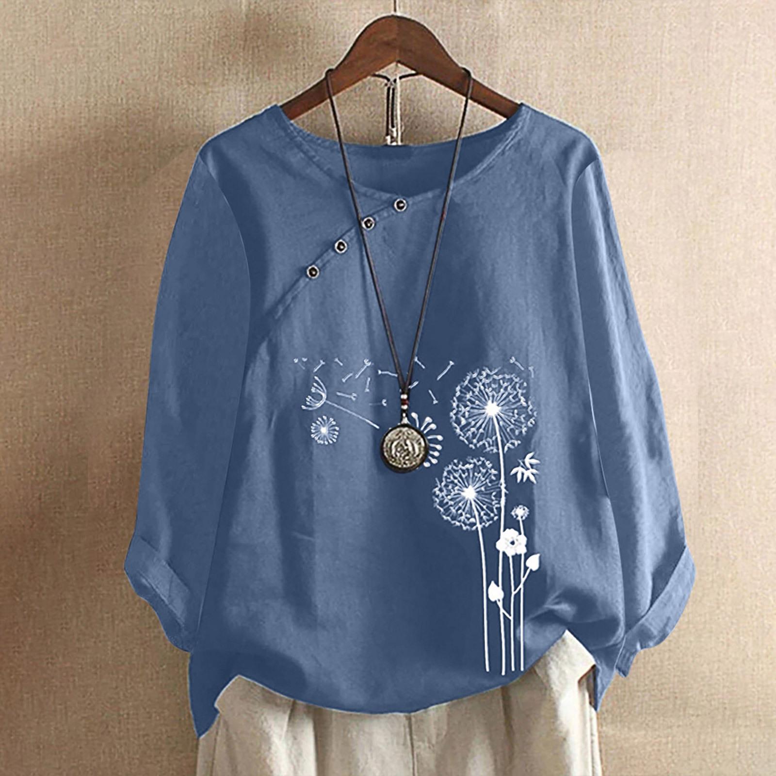Plus Größe 5XL Blumendruck Bluse Dame Langarm Baumwolle Leinen Hemd Frühling Herbst Frauen Top Casual Knöpfe Bluse XXXL blau