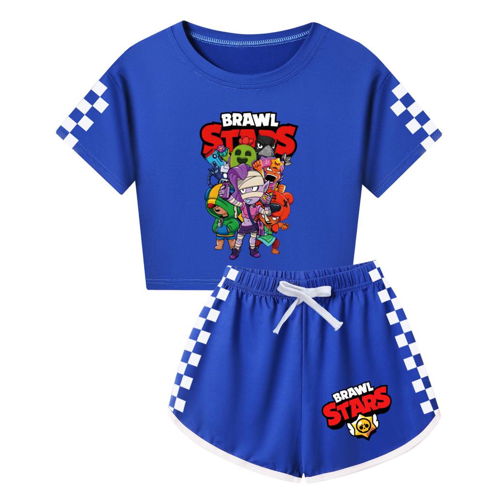 4094 Kinder Mädchen Brawl Stars Aufdruck Kurzarm T-Shirt Shorts Hose Sportkleidung Set 170cm dunkelblaue