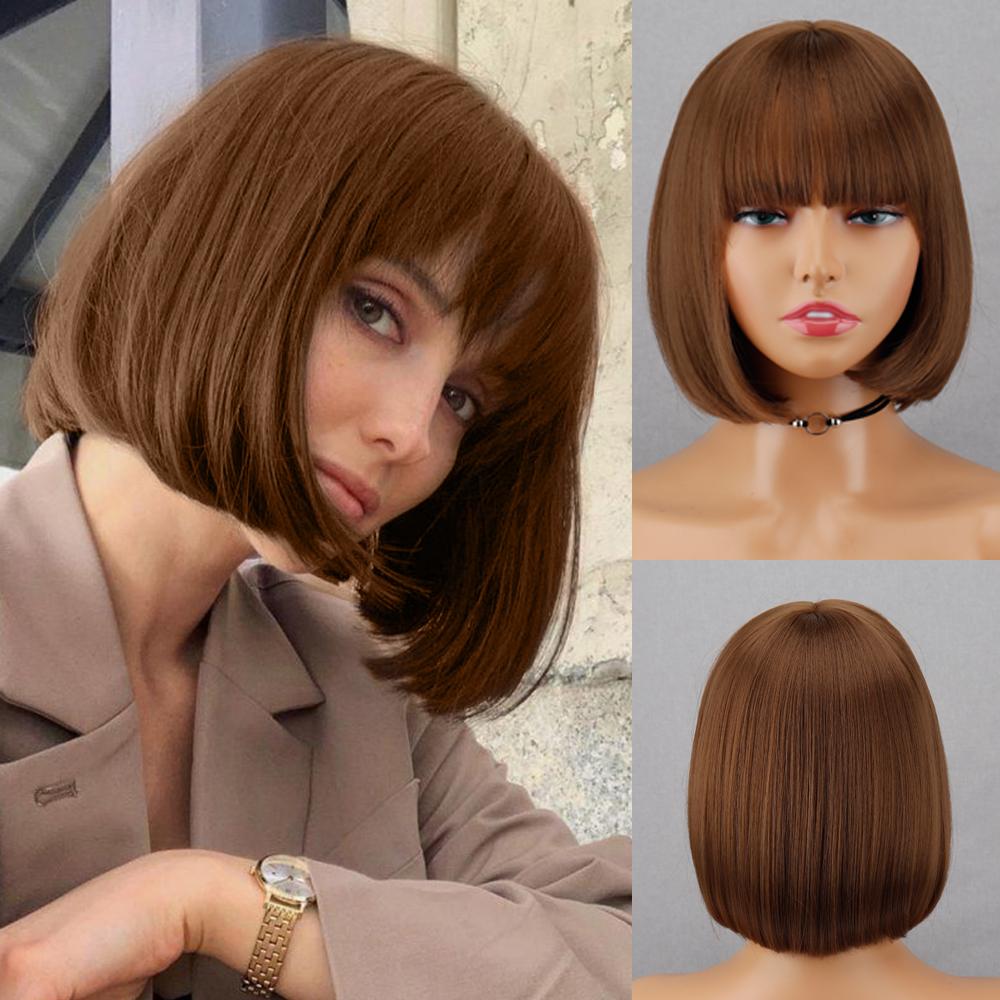 MERISIHAIR Kurze gerade braune Bob-Perücken für Damen mit Pony, synthetische hitzebeständige Faser-Perücken für den täglichen Gebrauch, Cosplay 25 cm