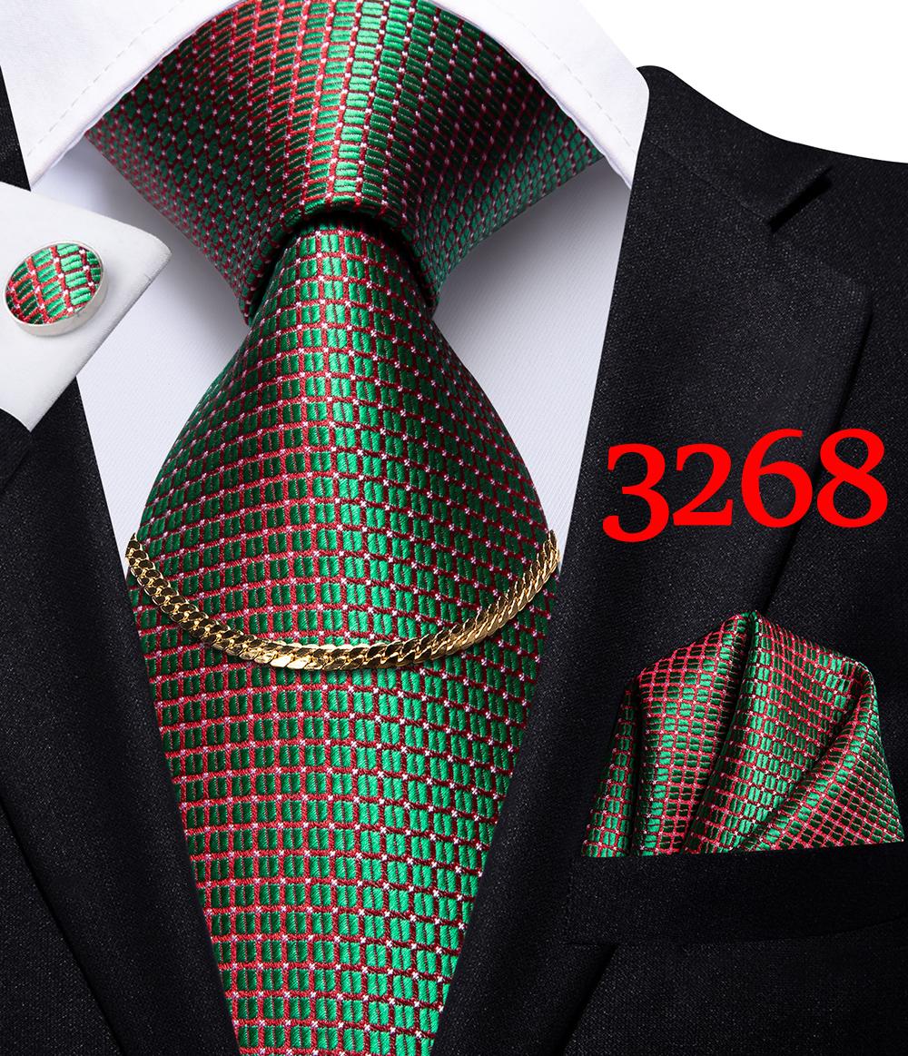 Hi-Tie Herren-Krawatte aus Seide, grün, rot, Krawatte, Krawatte, Taschentuch und Manschettenknöpfe für geschäftliche Hochzeiten 3268