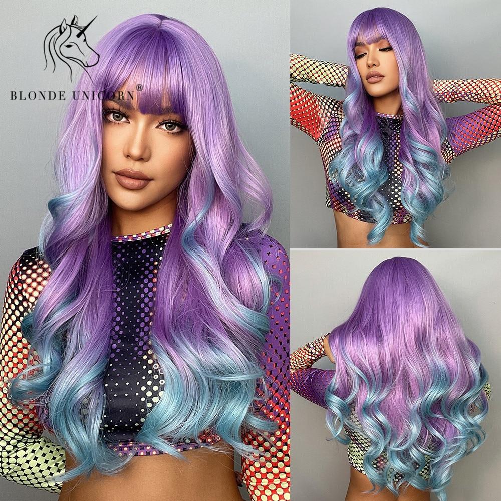 Blonde Einhorn synthetische lange gewellte Perücke Ombre Lila bis Blau für FRAUEN Cosplay Halloween Perücken hitzebeständige Faser Pony Haar