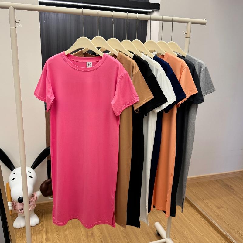 Übergröße Kurzarm Freizeitkleid Damen Sommer Locker Einfarbig Mittellang Knielang Geschlitzt T-Shirt Kleider L rose rot