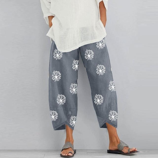 Frauen Vintage Harem Hosen Blumen Druck Elastische Taille Plus Größe Lose Hosen Baumwolle Leinen Breite Bein Hose Lose Sommer Hosen XXXXXL licht grau