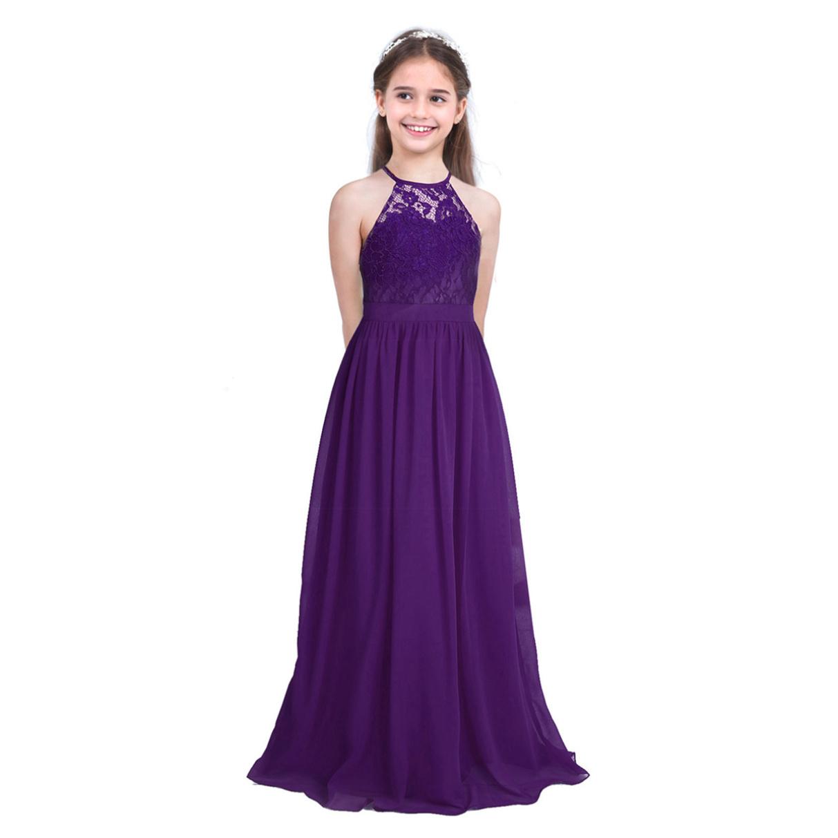 Kinder Mädchen Ärmellos Neckholder Spitze Chiffon Prinzessin Festzug Abendkleid Hochzeit Brautjungfer Blumenmädchen Kleid 8-10 Years violett