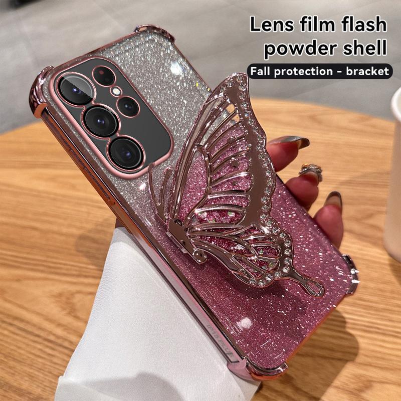 Farbverlauf Glitzer Schmetterling Standhülle für Samsung S23 S24 Ultra S21 S22 Plus S23FE A52 A15 A55 A14 A34 A54 iPhone 16 15 14 13 12 11 Pro Max 15 14 Plus Samsung S21 Ultra rosa