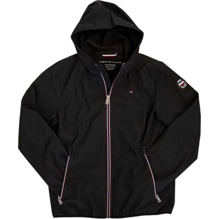 Tommy Hilfiger Soft Shell Stoff Kapuze Reißverschluss Design Amerikanischer Ivy League Stil Lässig Atmungsaktiv Jacke Herren Jacke 157AP294-BLK XL black