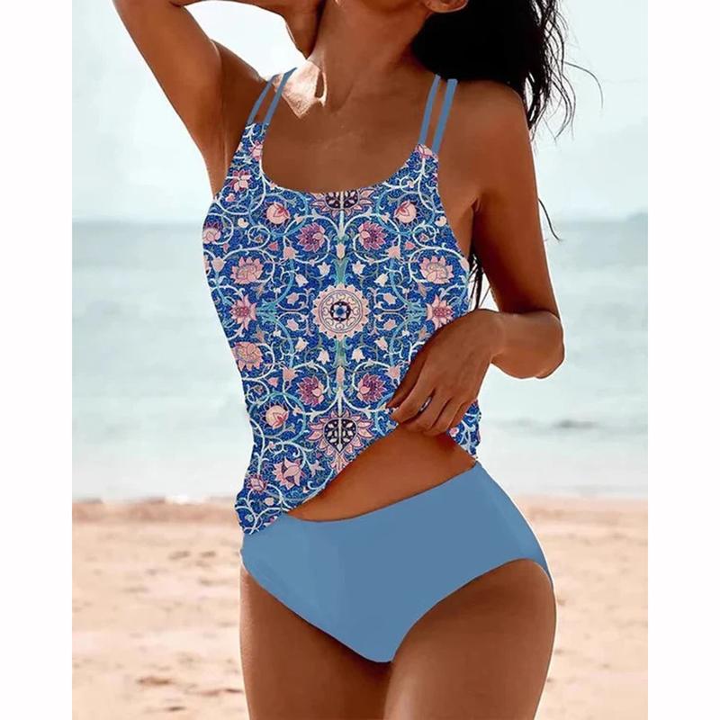 Neuer Sommer Badeanzug Bikini Set Sexy Print High Waist Bikini 2-teiliges Set Damen Split Badeanzug Rückenfrei Strand Bikini XXL blau