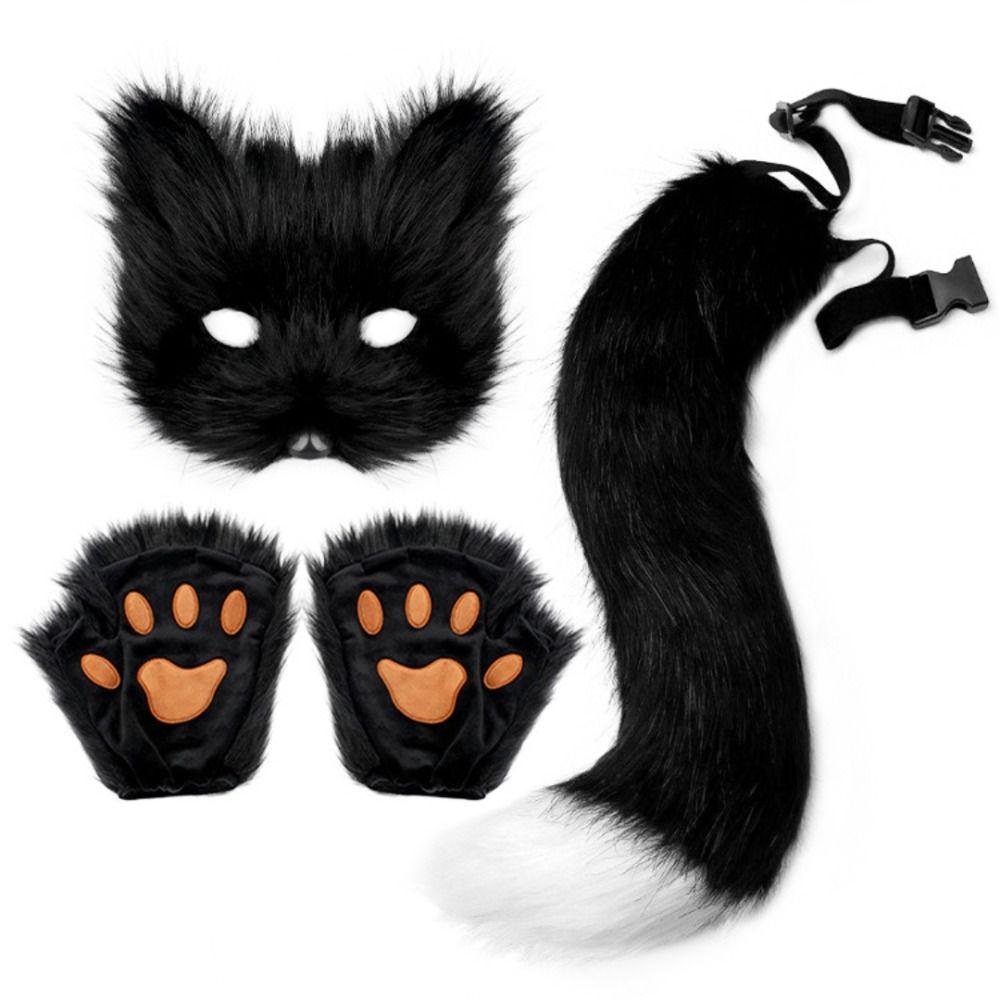 1 Set Plüsch Halloween Cosplay Zubehör Maske Schwanz Halloween Tier Cosplay Requisiten Niedlich Mit Schnalle Tier Cosplay Requisiten Party black