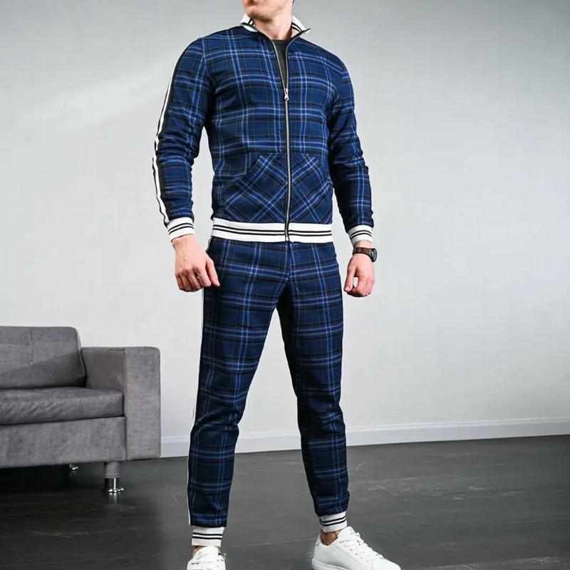 Mode Lässig männer Trainingsanzug Sportswear Zwei Stück Outfits Herren Anzüge Plaid Zipper Sets Marke Jacke Männliche Kleidung Frühling L blue
