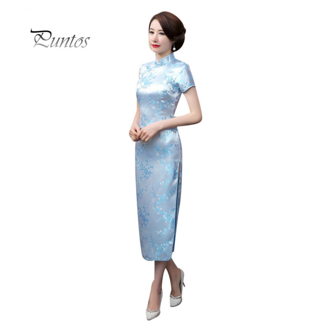 Traditionelles chinesisches Frauen-langes Cheongsam-Brautjungfer-Kurzarm-Abendkleid XXL himmelblaue