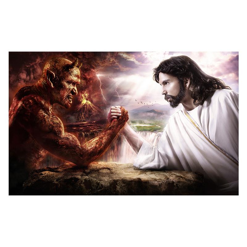 Gott Jesus gegen Satan Teufel Kunst Malerei Druck Leinwand Poster Fantasie Religion Bild Christian Wohnzimmer Schlafzimmer Home Wand Dekor 40x50cm No Framed