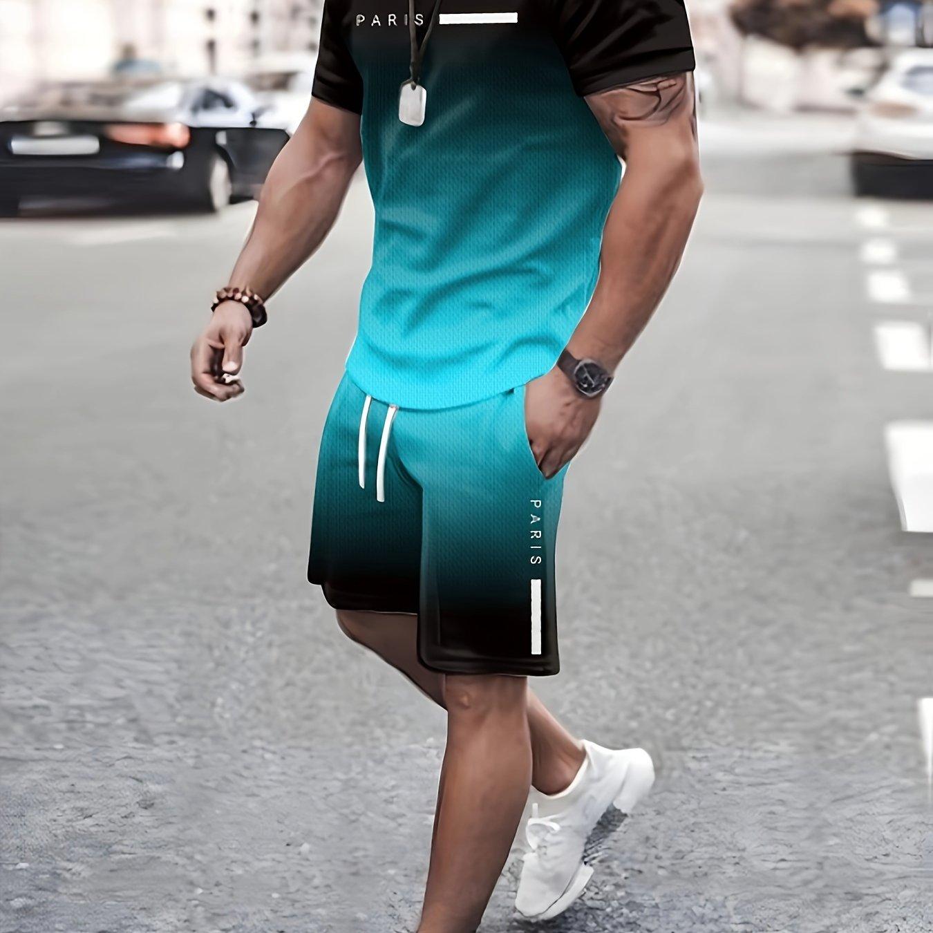 Neues 2-teiliges Herrenmode Sommer-Resort-Bekleidungsset Herren Gradient bedrucktes Kurzarm-T-Shirt und Taschen-Kordelzug-Shorts Set 5XL