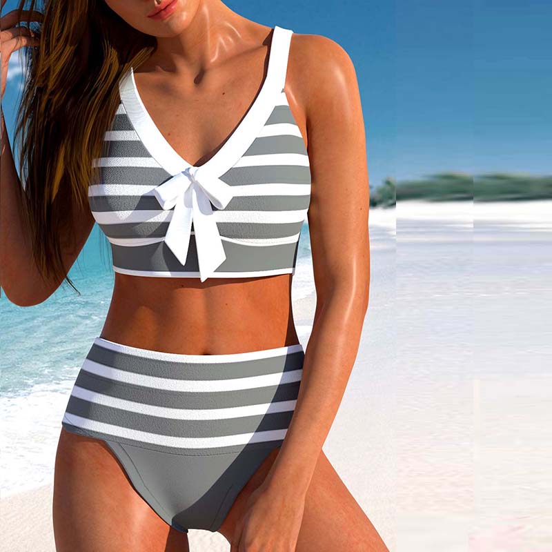 Damen-Bikini-Tankini-Badeanzug mit Neckholder, Schleife und Streifenmuster S grau