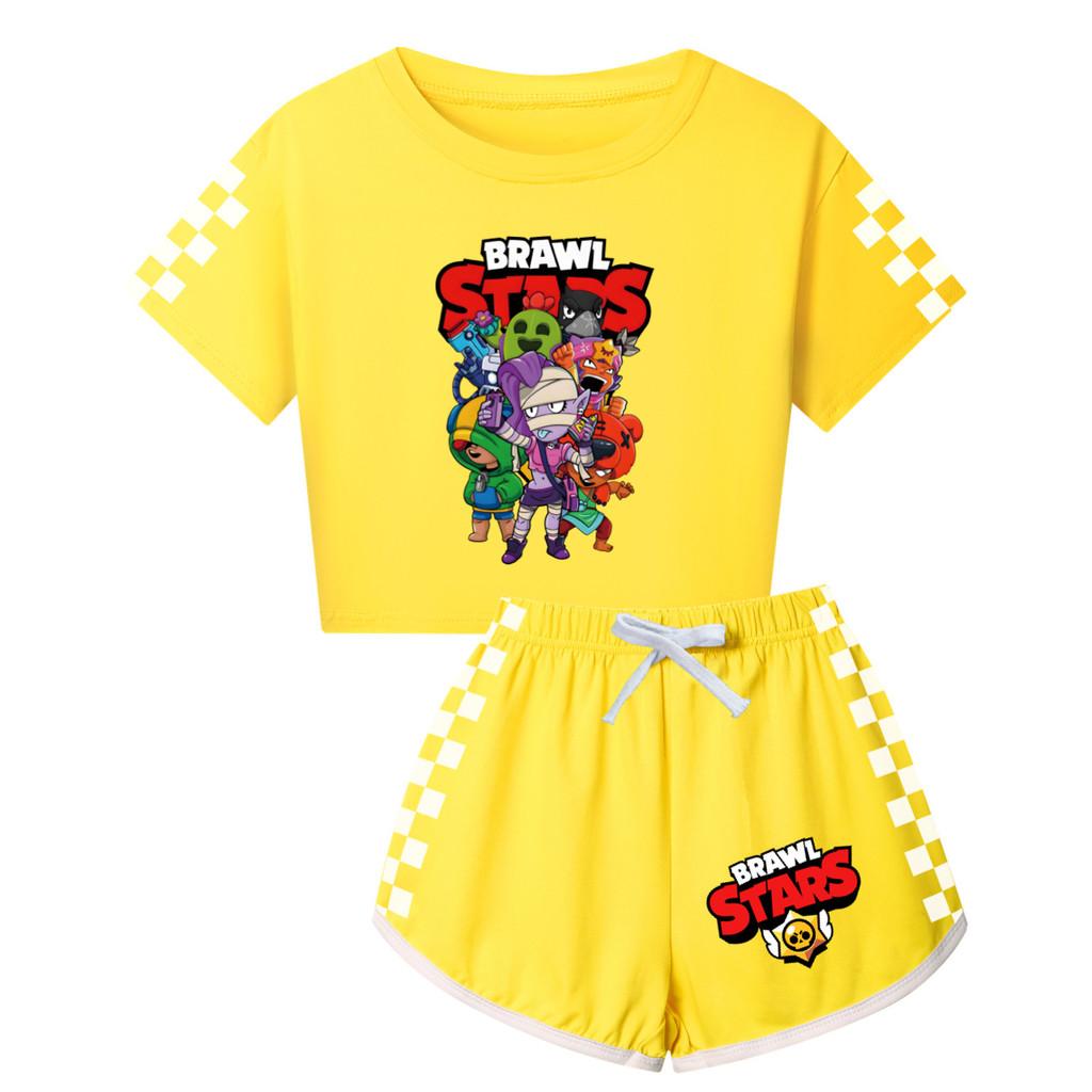 4094 Kinder Mädchen Brawl Stars Aufdruck Kurzarm T-Shirt Shorts Hose Sportkleidung Set 110cm gelb