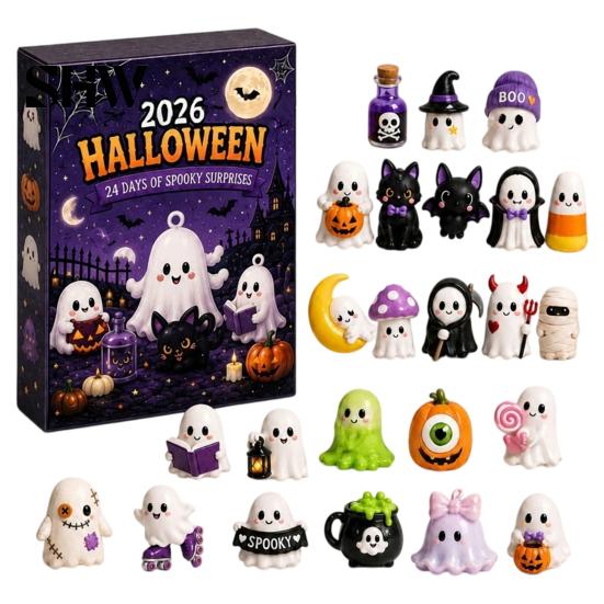 24-Tage-Box Halloween Adventskalender 2026, Countdown mit 2D-Flachgeschenken für Erwachsene Kinder Acryl-Mini-Figuren, Sammler-Überraschung Mädchen B black