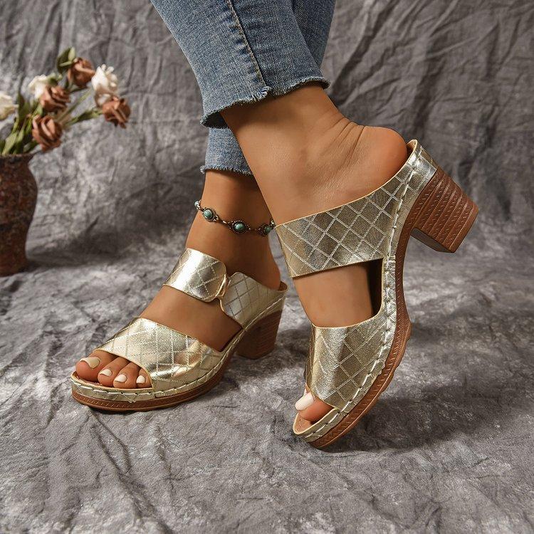 Damen Sandalen mit Blockabsatz Einfarbig Offene Zehen Hohe Absätze ,Damen Sandalen mit Blockabsatz, Lässige Sommer Schuhe mit offenen Zehen 42 gold
