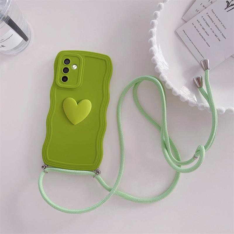Lockige gewellte Crossbody Lanyard Silikonhülle für Samsung Galaxy S24 S23 S22 S21 Ultra S23 FE A54 A34 A14 A15 A25 A35 A55 A25 A05 3D Love Heart Cover For Samsung A72 5G grün