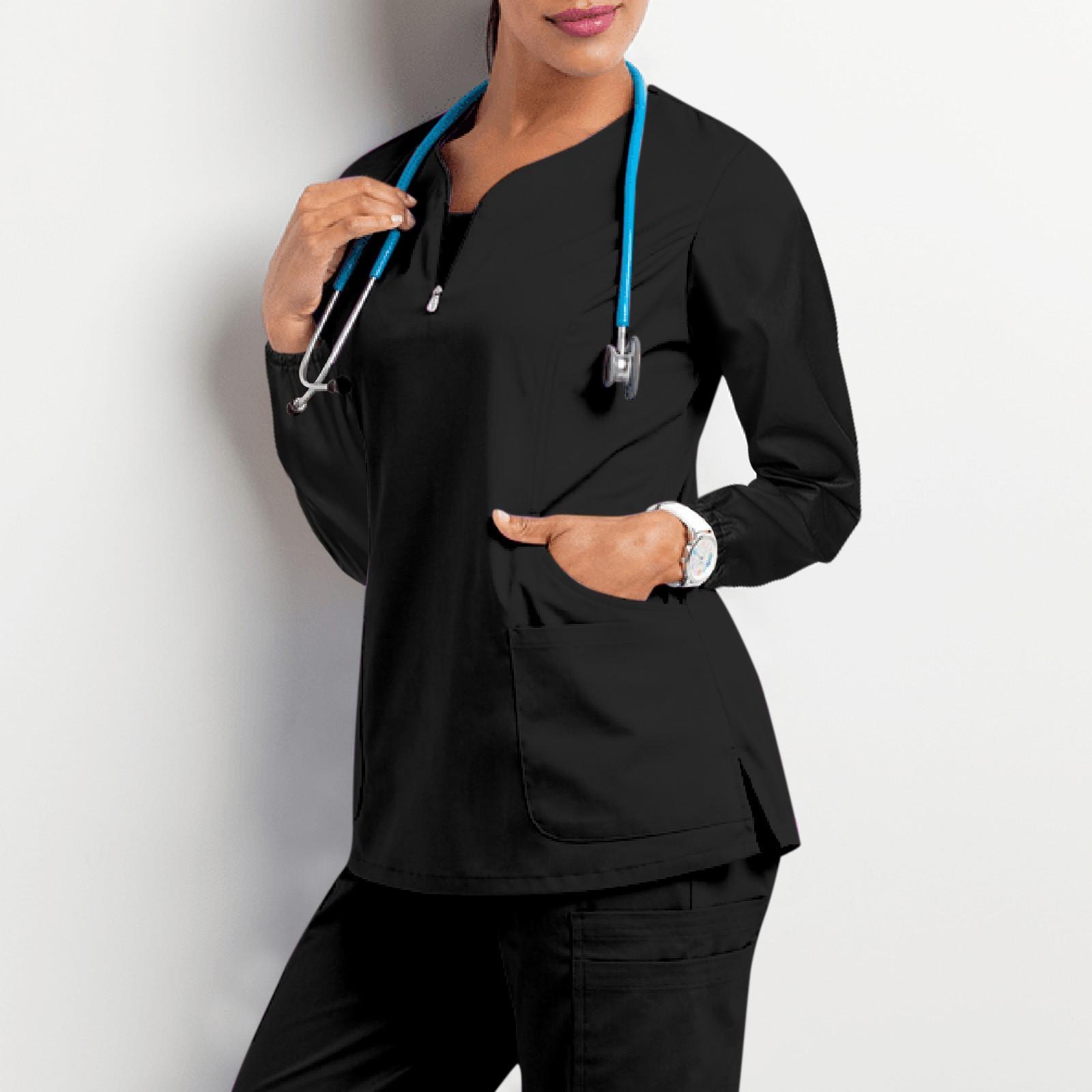 Damen Langarm-Kasack mit Reißverschluss am Ausschnitt, Stretch-Stoff, Zwei Taschen, Bequeme Arbeitskleidung für medizinisches Fachpersonal M schwarz