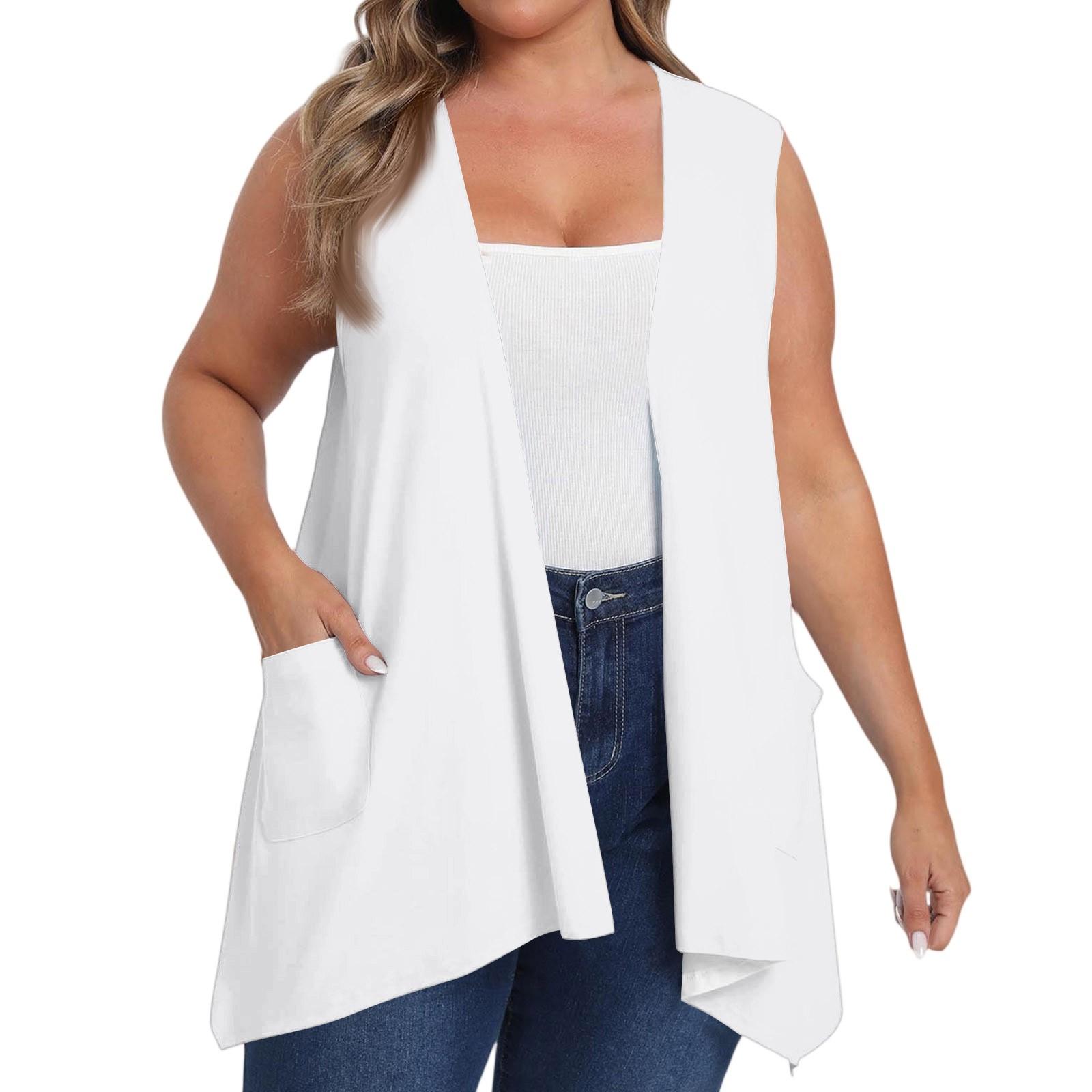 Damen Übergröße Locker Lässig Einfarbig Ärmellose Weste mit Tasche Strickjacke Jacke Strickjacke Jacke XXXXL weiß