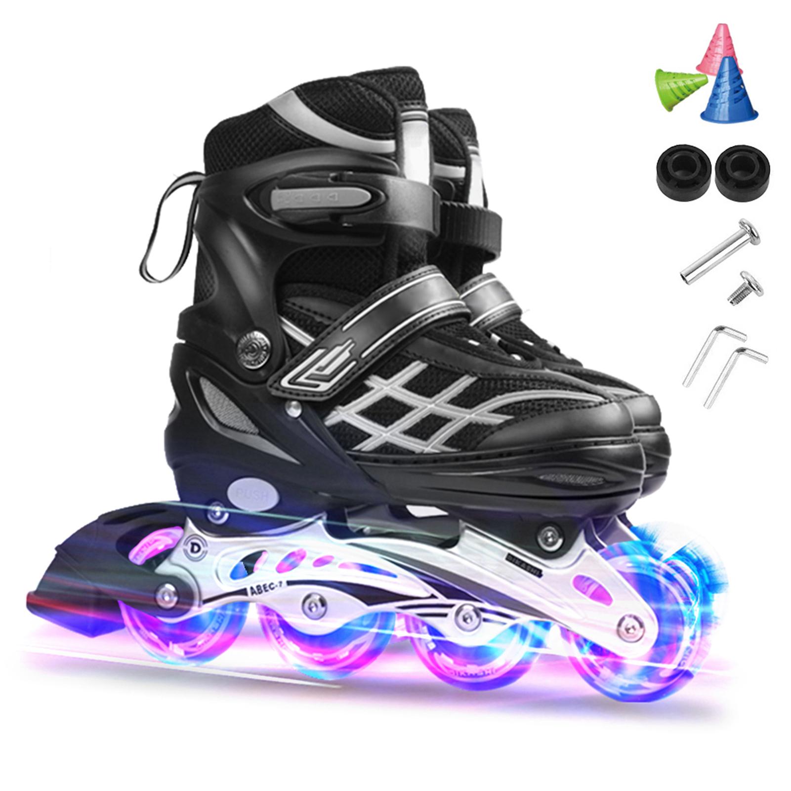 Verstellbare, beleuchtete Inline-Skates mit leuchtenden Rädern für Kinder und Jugendliche M schwarz
