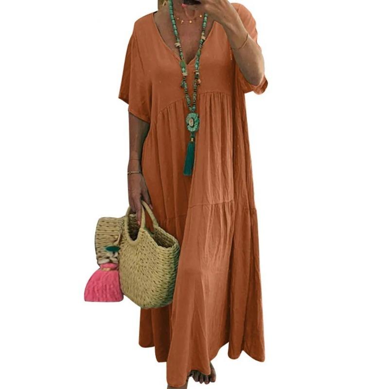 Damen Sommer Freizeit Baumwolle Leinen Kleid V-Ausschnitt Kurzarm A-Linie Sommerkleider Plissiert Fließend Locker Sitzend Lange Kleider 3XL orange