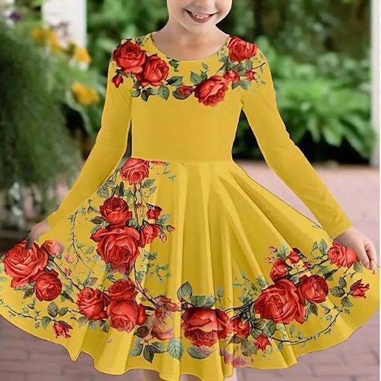 Mädchen Casual 3D Druck Rundhals Langarm Kleid Kind Prinzessin Kleid 150 gelb
