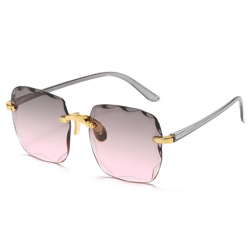 Modische Damen-Sonnenbrille, quadratische Form, Suneyewear, Retro-Besatz, rahmenlose Sonnenbrille für Damen, UV400 graue/rosa