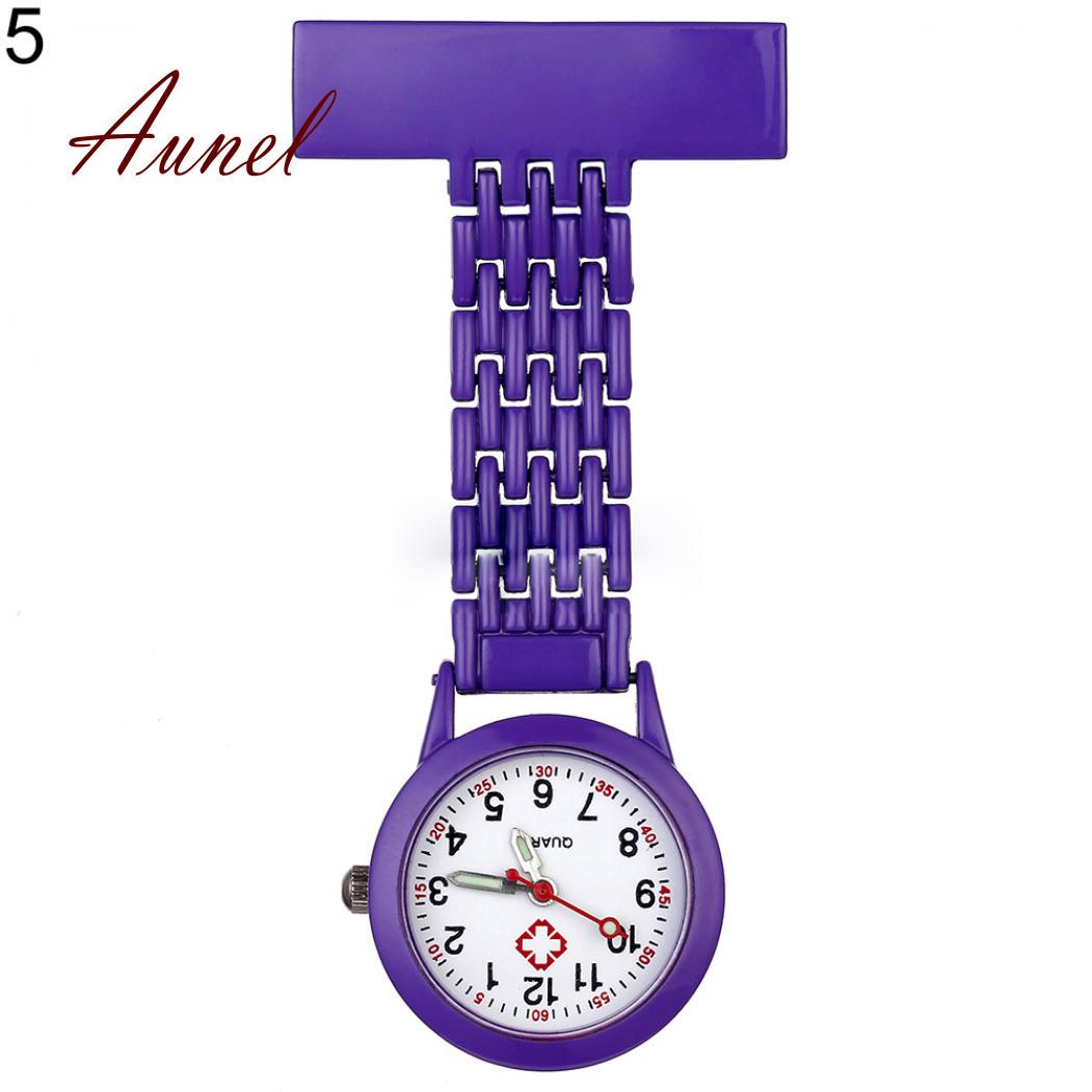 Taschenuhr mit Quarz-Analog-Brosche aus Metall zum Aufstecken, medizinische Krankenschwester-Taschenuhr violett