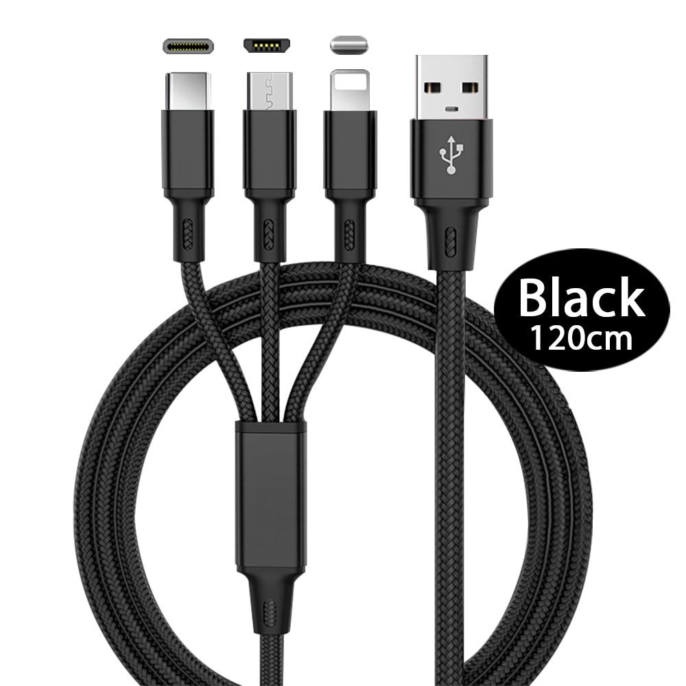 3-in-1-Schnellkabel für Mobiltelefon-Schnellladegerät, Micro-USB-Kabel, Typ C, Android-Ladekabel für iPhone, drei Datenladekabel schwarz