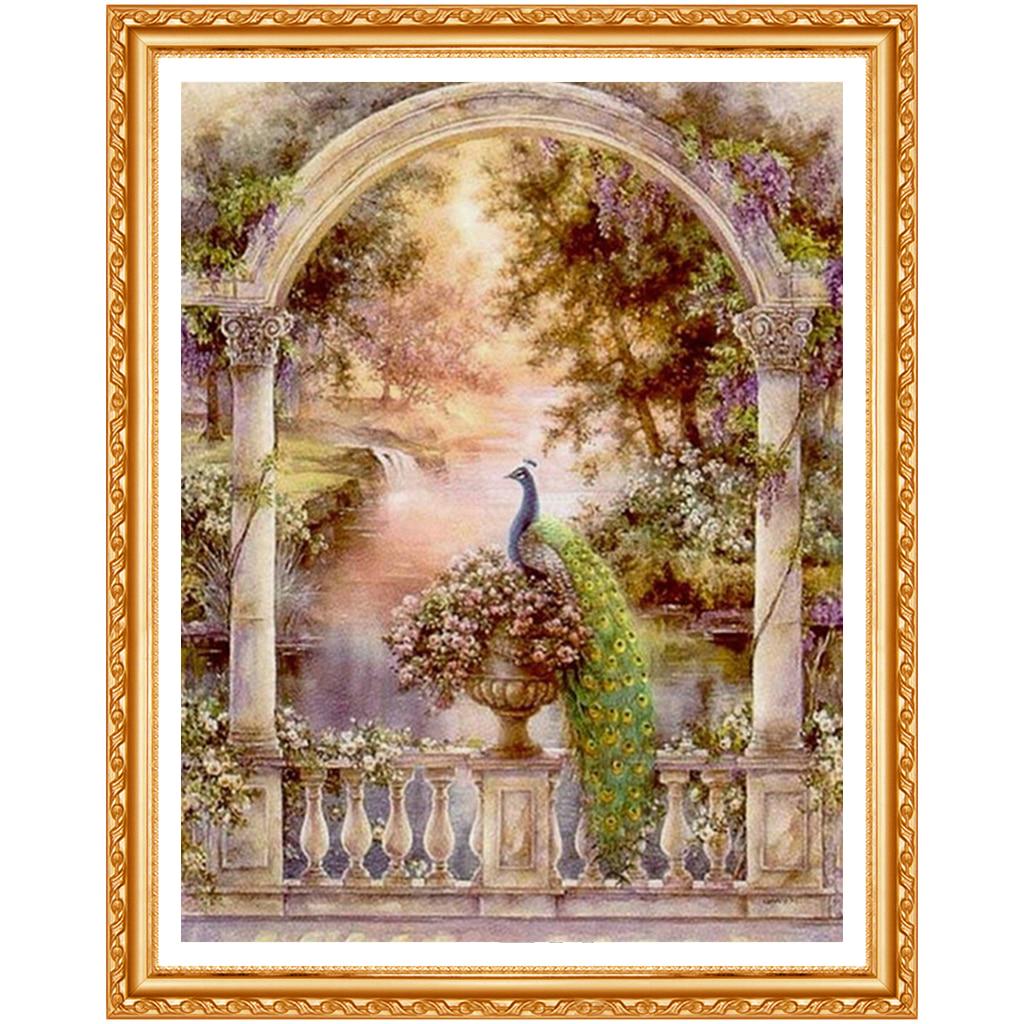 Diamantmalerei Natur Villa Blumen Pfau Stickerei Fluss Bäume Landschaft Blumen Bild 20X30CM