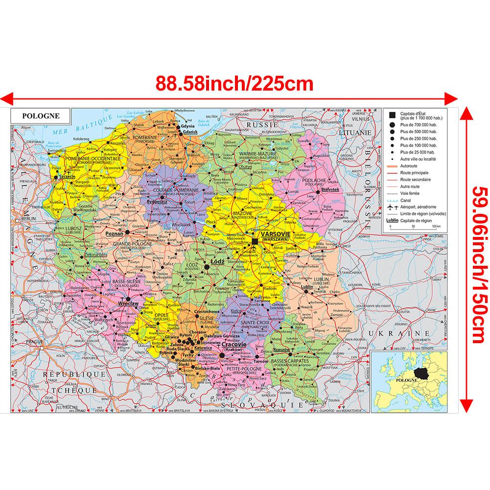 Französische Serie Karte - Polen Administrative Karte, Wanddeko, Geschenk, Reise-/Bildungswerkzeug, für Wohnzimmer, Badezimmer, Homeoffice 225*150cm