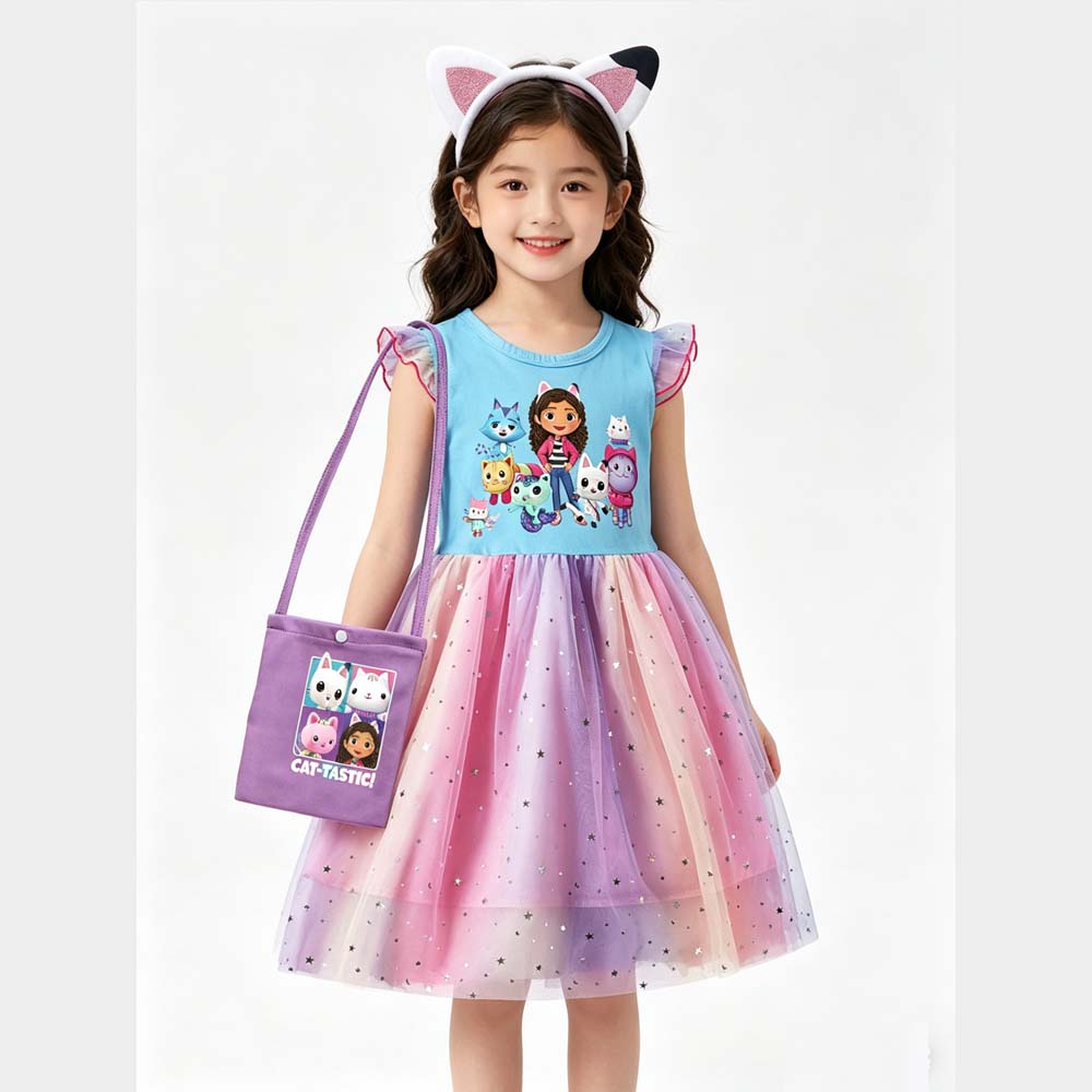 Kinder Gabby's Puppenhaus Katzen Prinzessinnenkleid Sommer Freizeit Mädchen Regenbogen Netzkleid Kinder Karneval Hochzeit Geburtstagsfeier Kleid 140cm
