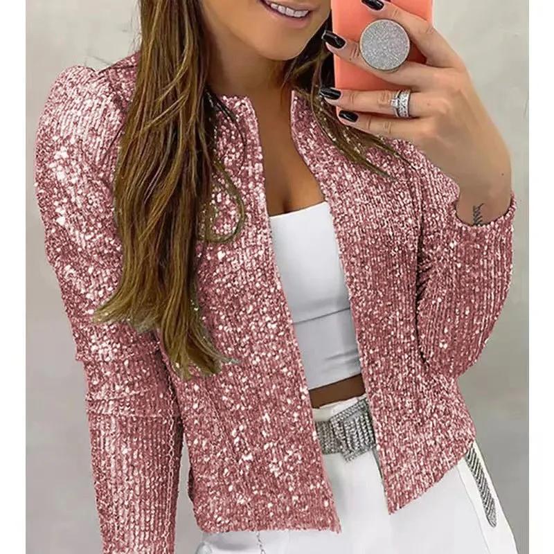 Mode Stehkragen Kontrast Pailletten Mantel Frauen Kleidung Frühling Und Herbst Langarm Jacke Casual Zipper Kurzen Mantel 29445 XXXL rosa