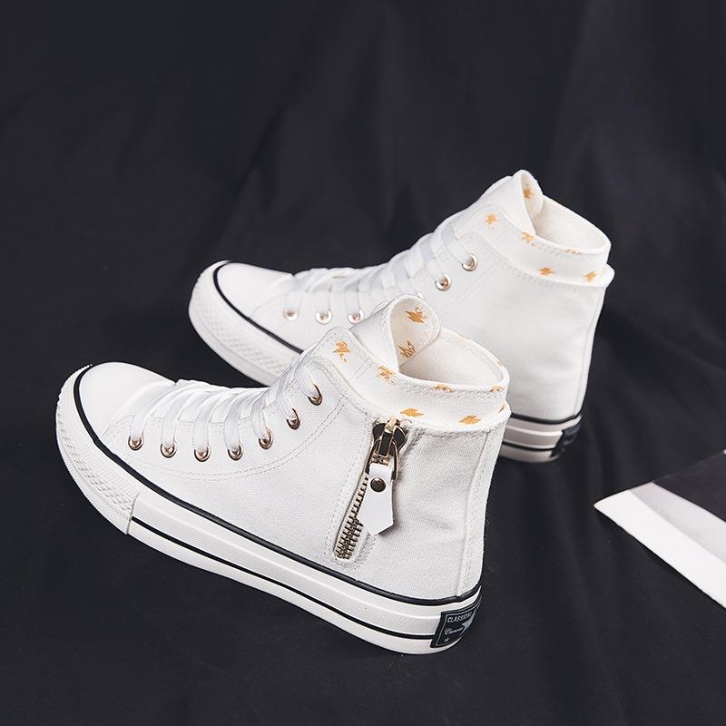 Mode 2025 Frühling Sommer Neue Riemchen Flache Mid-Top Canvas Schuhe Seitenreißverschluss Damen Sneakers Mode Freizeitschuhe Studenten Stoffschuhe 40
