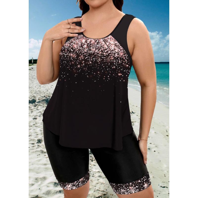 Tankini-Set in Übergröße, schlichtes Tankini-Set für Damen in Übergröße, Rundhalsausschnitt, Tanktop und Shorts mit Grafikdruck, 2-teiliges Set 4XL(20)