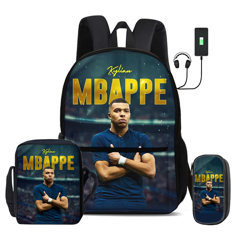 M-Mbappe 3-teiliges Set Schultaschen Rucksack mit USB-Schnittstelle Fußballstar mit Umhängetasche Sportliche Federtasche Kinder Rucksack black