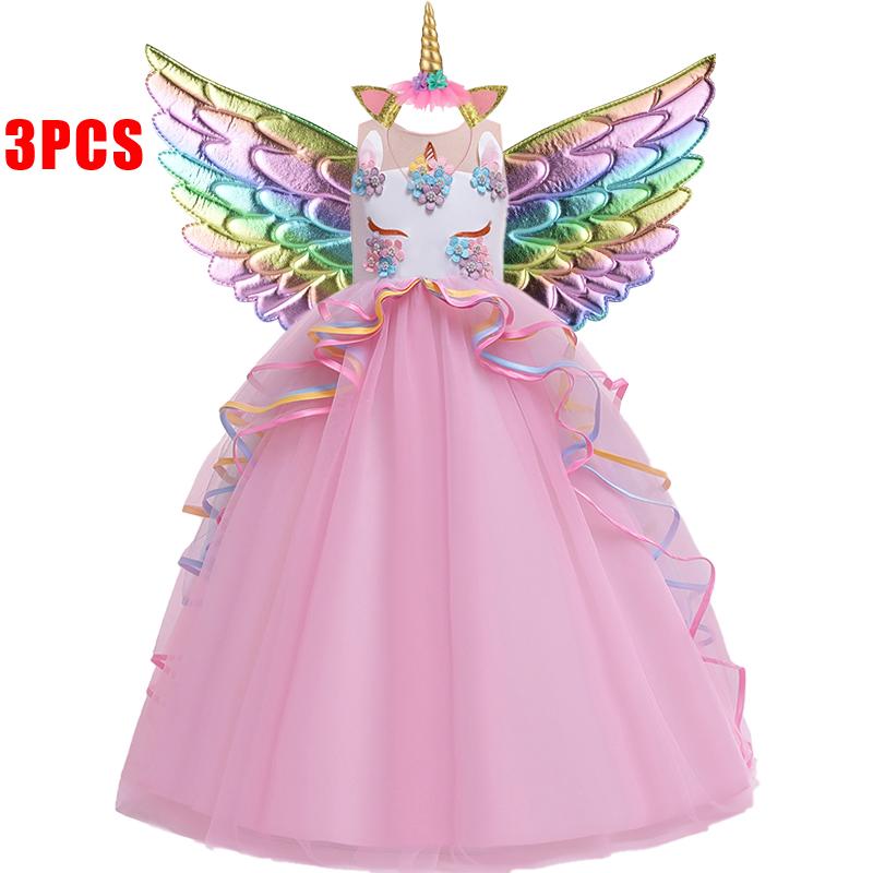 Spitze Einhorn Kleid Party Geburtstag Blume Prinzessin Kleid Mit Stirnband Flügel Kinder Weihnachten Halloween Cosplay Karneval Kostüm 140CM rosa
