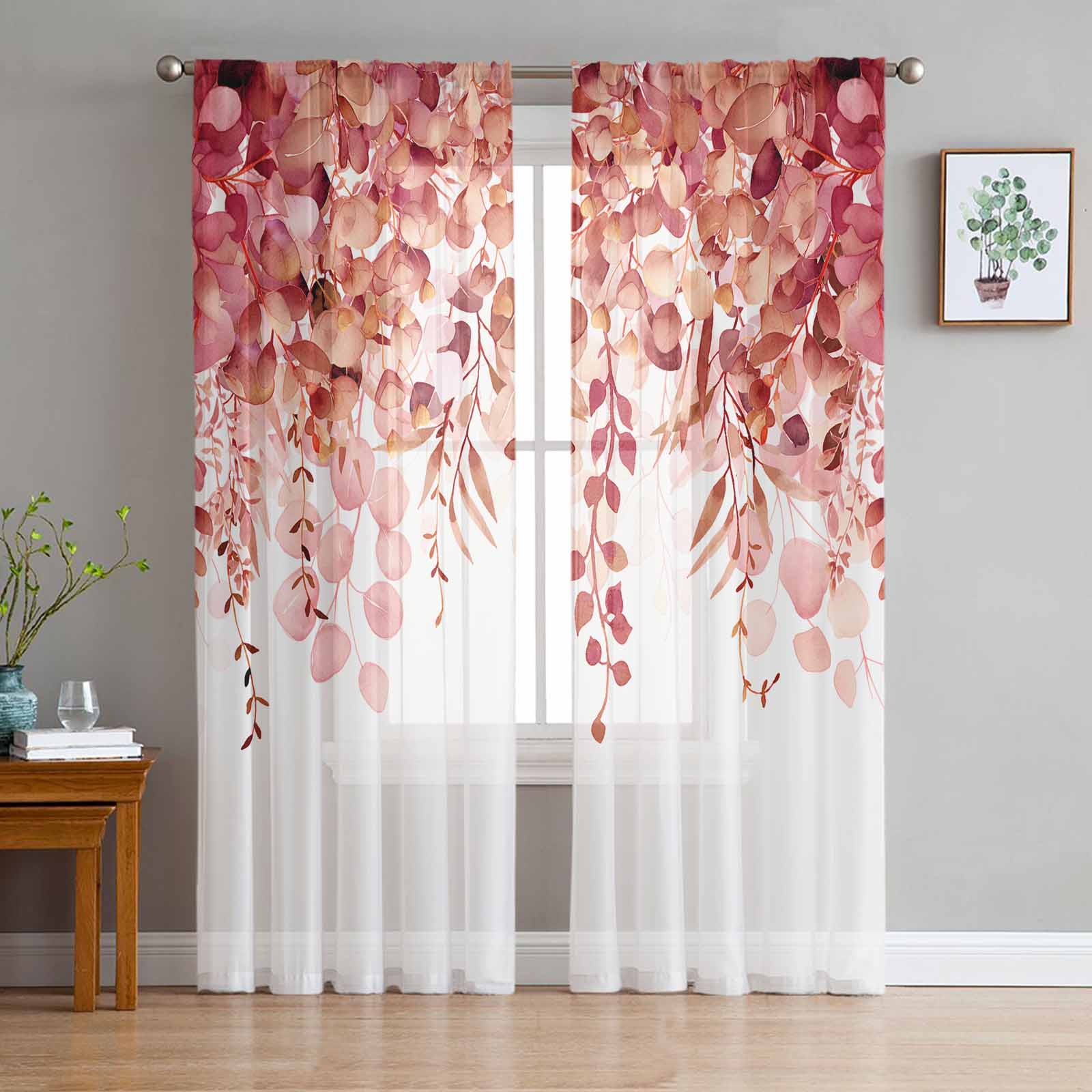 Aquarell Pflanzen Eukalyptus Blätter Rot Weiß Transparente Vorhänge für Wohnzimmer Dekor Fenster Vorhänge Küche Tüll Voile Vorhänge W135 x H115cm x1 white