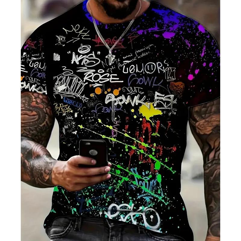 Neues Sommer Herrenmode T-Shirt Persönlichkeit Mehrfarbig bedrucktes Herren T-Shirt Top S schwarz