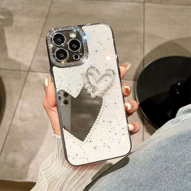 Luxus Mode galvanisierte Diamant Liebe Herz Spiegel Handytasche für iPhone 15 14 13 12 Pro Max stoßfeste Abdeckung iPhone 14 Pro Max weiß