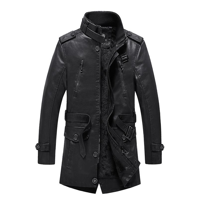 Lässige Herren-Lederjacke mit mittellangem, modischem Stehkragen und Samt L