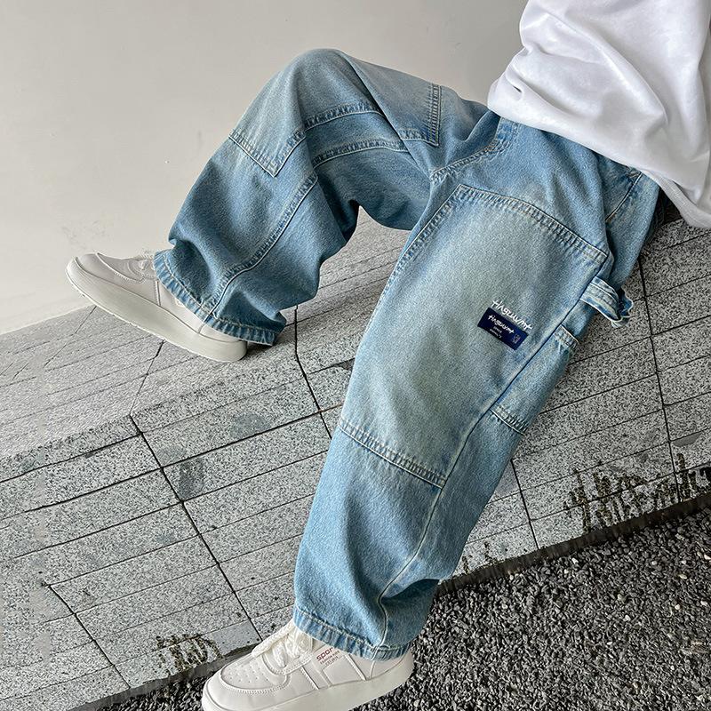 Jungen Cargo Jeans Teenager Kinder Breite Bein Denim Hosen für Kinder Lose Taschen Hosen Frühling Herbst 170 blau